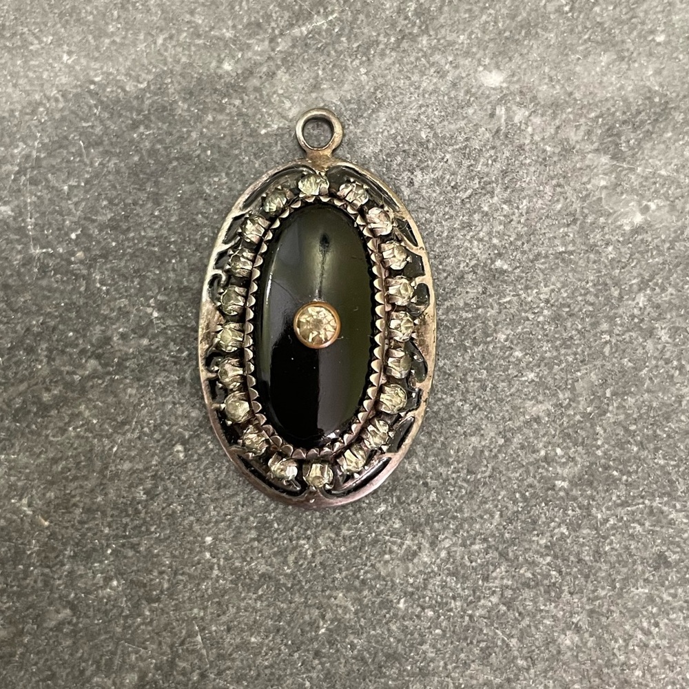 Vintage Martelli Sterling Silver Black Onyx Rhinestone Oval Pendant Charm